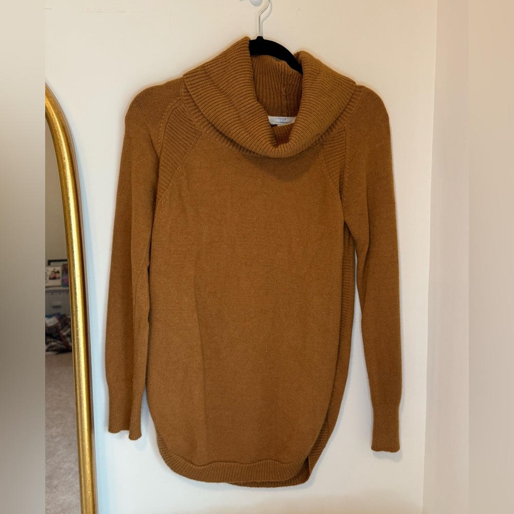 Time and true camel cowl neck tunic sweater